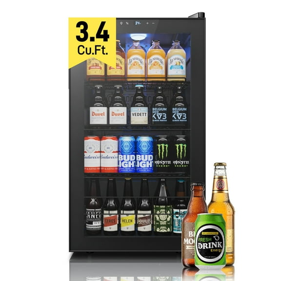 Yeego 136 Can Beverage Refrigerator Cooler, 3.4 cu.ft. Drink Fridge with Double Glass Door for Home/Office/Bar, Black