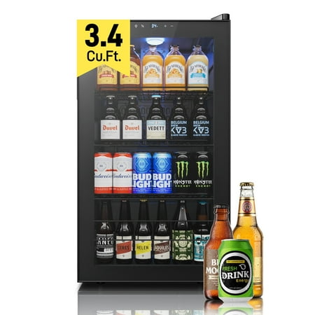 Yeego 136 Can Beverage Refrigerator Cooler  3.4 cu.ft. Drink Fridge with Double Glass Door for Home/Office/Bar  Black