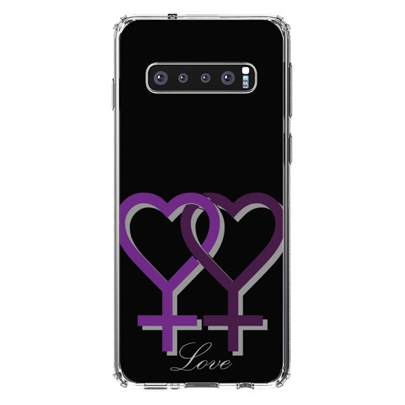 DistinctInk Clear Shockproof Hybrid Case for Samsung Galaxy S10 (6.1" Screen) - TPU Bumper, Acrylic Back, Tempered Glass Screen Protector - Lesbian Purple Symbols Love - LGBTQ Support