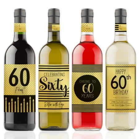Wine Bottle Tags Gold Foil 60th Birthday Wine Labels, 4ct - Black and Gold Stripe and Polka Dot Birthday Party Supplies - 4 Wine Bottle Stickers with Gift Tags ()