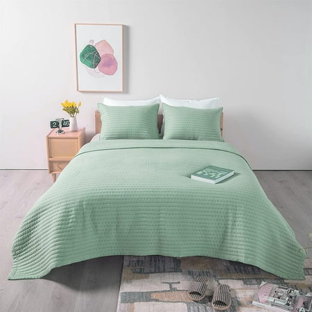 

Quilt Mini Set-Stone Washed-Super Soft Bedspread-Light Weight-White Down Alternative Microfiber Fill-Machine Washable-Solid Colors Full/Queen +2 Shams Green