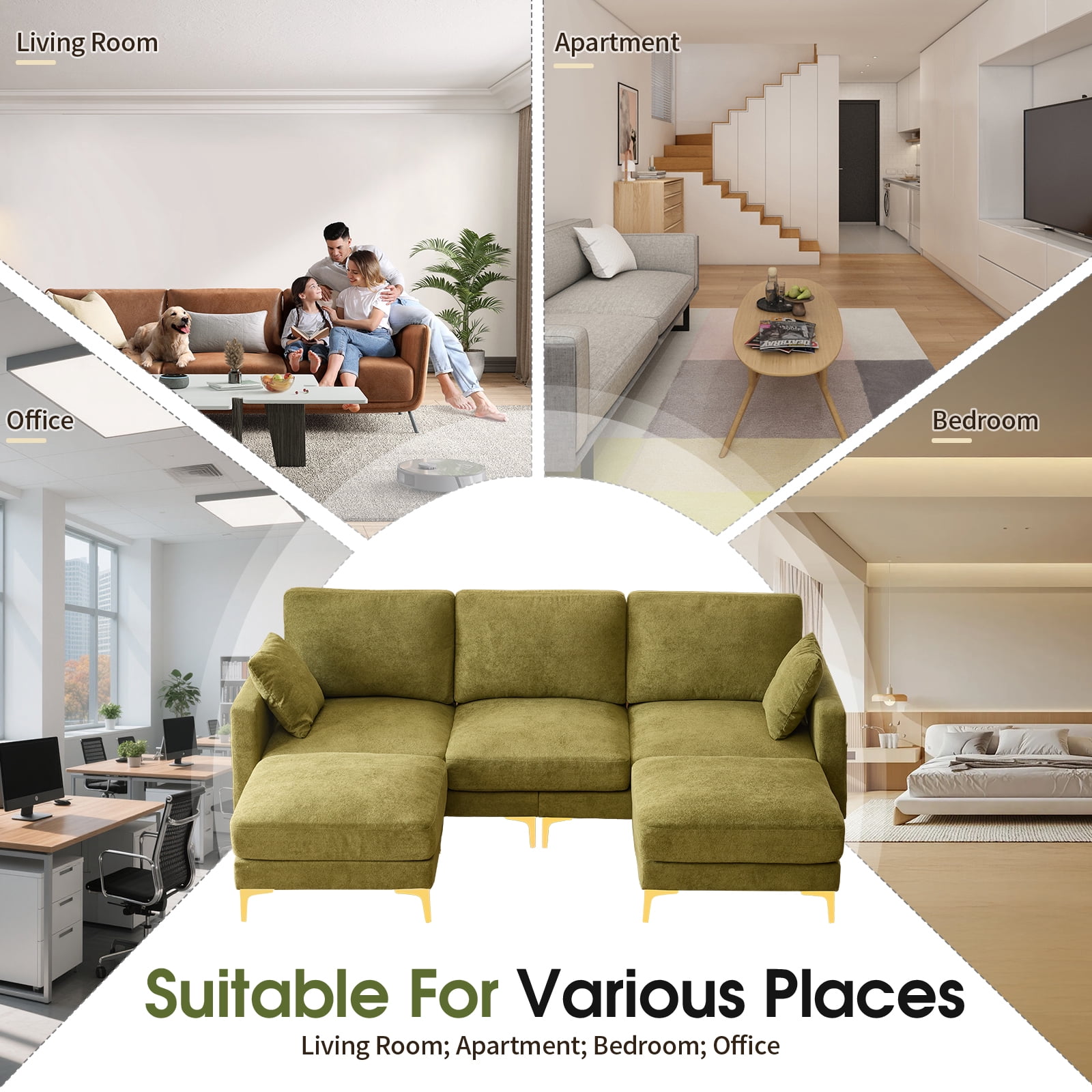 Ktaxon U-Shaped Sofa with 2 Removeable Ottoman Footrests, Flannel Deep Seating Couch for 3, Converts to Sleeper for Bedroom Living Room Furniture Green