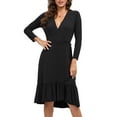 thumbnail image 2 of ClodeEU Women's Deep V-Neck Long Sleeve Dress with Tie Waist and Flounce Hem Black,Womens Plus XL, 2 of 7