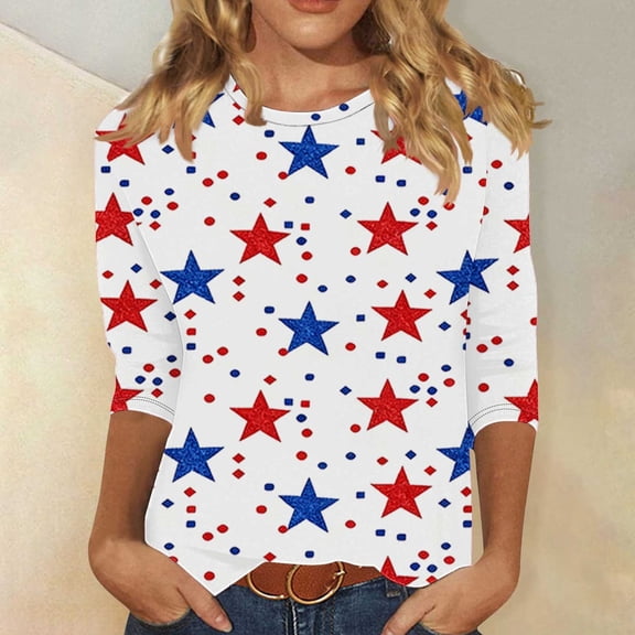 Zivyakyron Beach T-Shirts Womens 4th of July Patriotic Summer Ladies Tops for Women Loose 3/4 Sleeve Casual Clothes