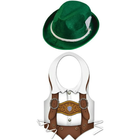 Oktoberfest Lederhosen Plastic Vest Bavarian Green Alpine Hat Costume Kit