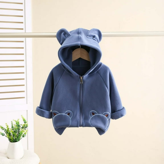 LFEOOST Cute Bear Ears Hooded Padded Coat 2024 Kids Print Zipper Winter Warm Jacket Childrens Boys Girls Solid Loose Outwear (Blue, 80 3 Months)