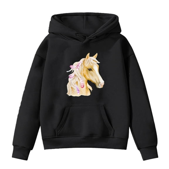 Kiijoy Toddler Girls Hooded Sweatshirt Horse Print Loose Lightfleece Hoodie Pullover Top