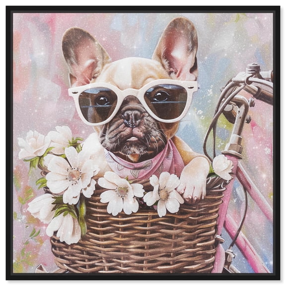 Frenchie Bike Basket Canvas Kids Art Prints by Art Remedy, Black Frame, 12" x 12"
