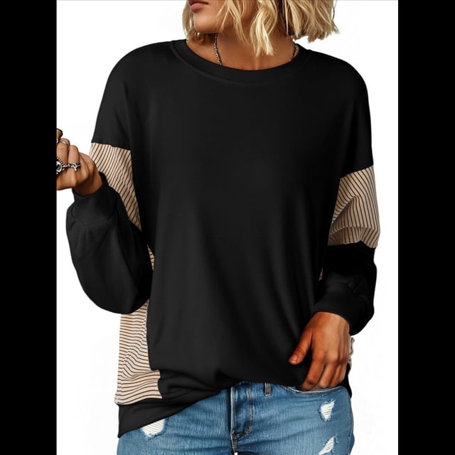 Sudadera Informal de Gran Tamaño para Mujer, Cuello Redondo, Bloques de Color, Holgada, Tipo Jersey. Negro L