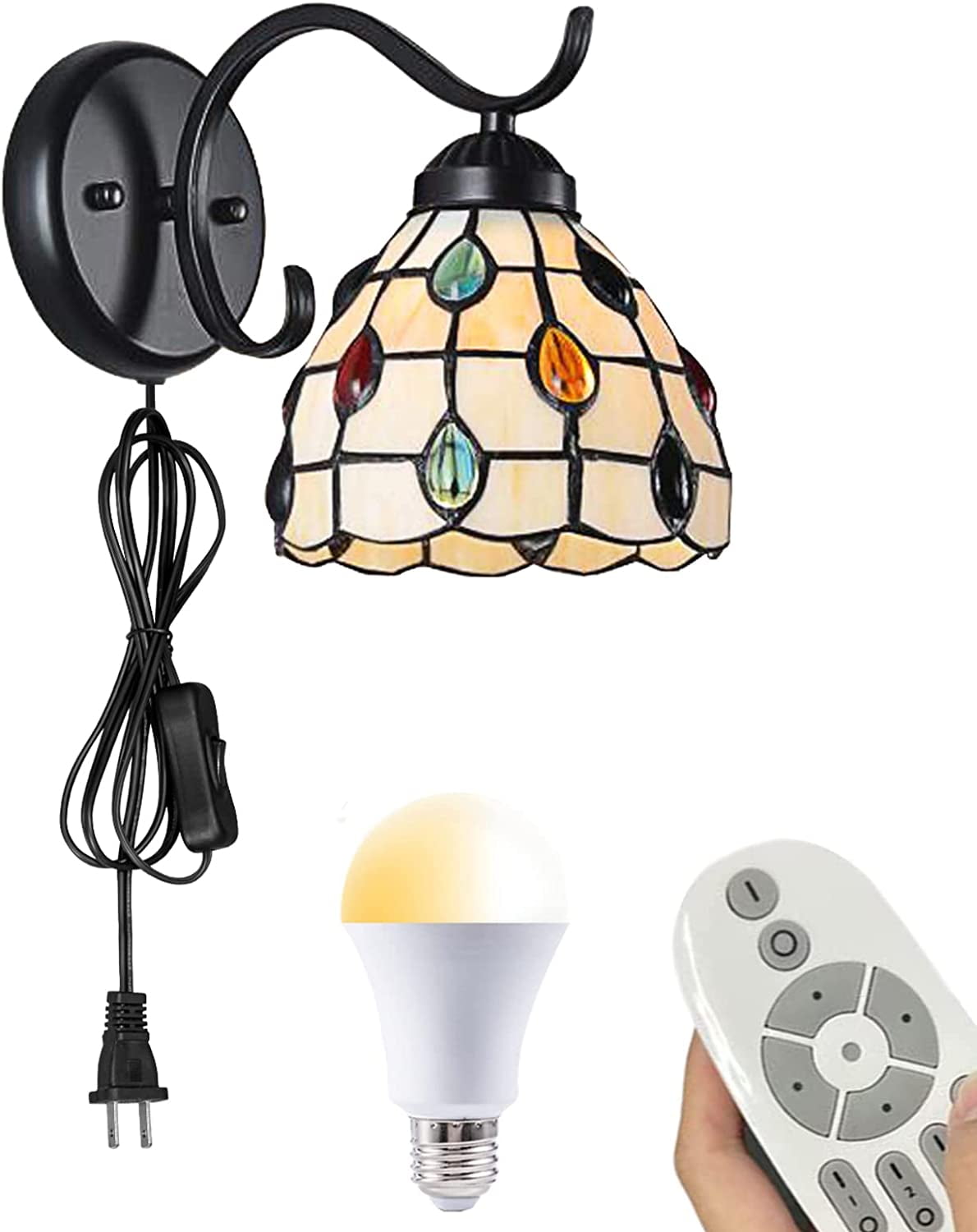FSLiving Remote Control Wall Lamp Tiffany Wall Sconce W/ Stained Glass