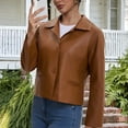thumbnail image 4 of GigrtiJin Women's Leather Cropped Jacket Solid Color Turndown Collar Button Down Long Sleeve Outcoat Trendy Vintage Outwear, 4 of 7