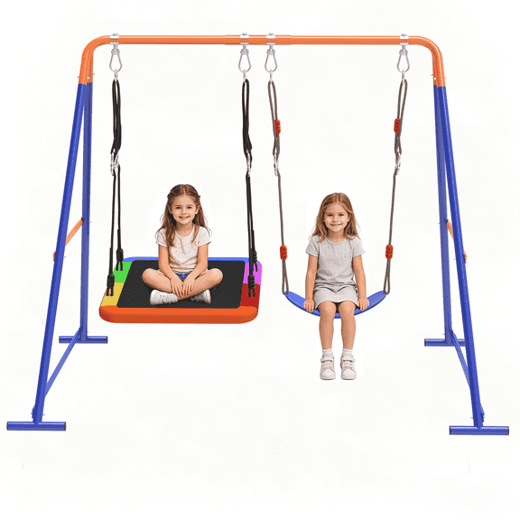Swing Sets for Backyard, Outdoor Toddler Swing with Heavy-Duty Metal Stand, Swing Playset for Kids, 440lbs, Square & Belt, 0range