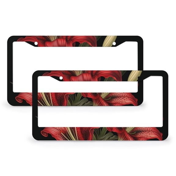 License Plate Cover Large Red Lilies Licenses Plates Frames Front Licenses Plate Covers Car Tag Frame 2 Pcs Set Rustic Plant Leaves Pink Lily Flower Metal License Plate Frames for Women Men