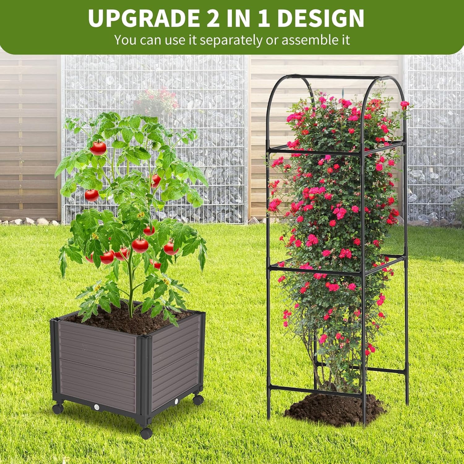 Slsy 2 Pack Raised Garden Bed Planter Box with Wheels,Tomato Cage Planter Raised Garden Bed with Trellis for Climbing Vegetables Plants Tomato Cage, Indoor Outdoor Use