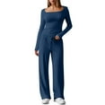 thumbnail image 2 of APEXFWDT Women's Casual Activewear Set - Long Sleeve Square Neck Fitted Top & Drawstring Wide-Leg Pants Loungewear Outfit,M,Blue, 2 of 9