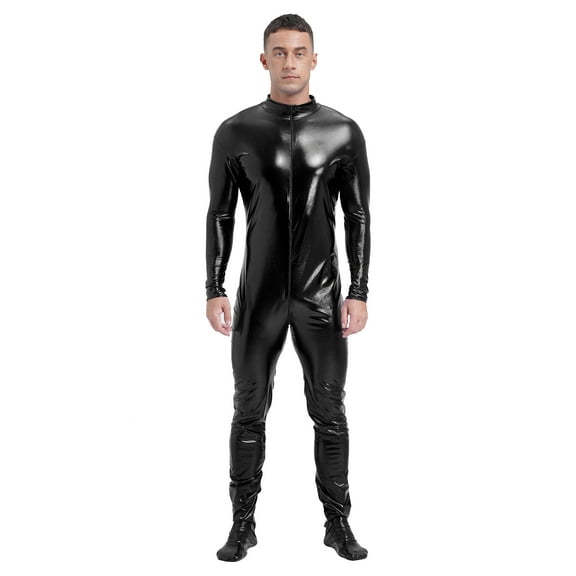Doomiva Men’s Glossy Shiny Zipper Unitard Sparkly Dance Bodysuits Long Sleeve Full Body Leotard Black XL