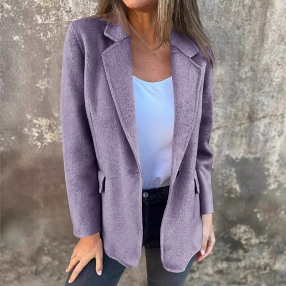 ClodeEU Women's Wool Blend Blazer Jacket With Pockets, Notched Lapel Button Business Work Office Blazers Jacket Purple,Womens Plus XXL
