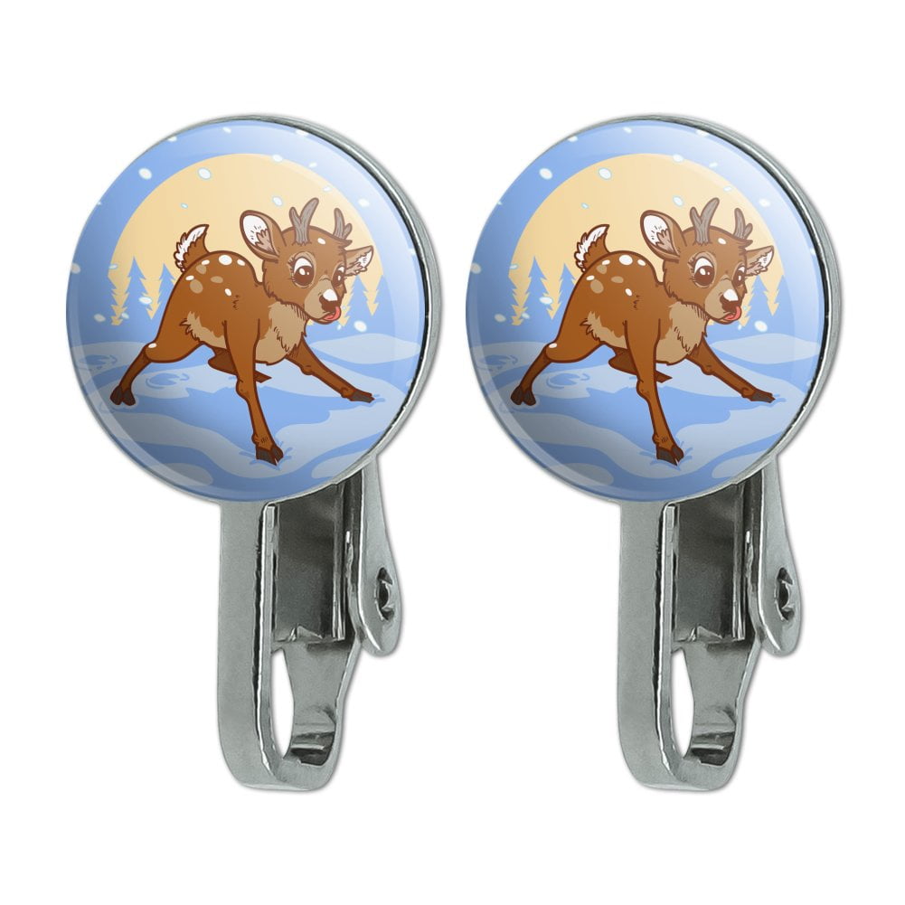 Baby Reindeer Christmas Holiday Novelty Clip-On Stud Earrings