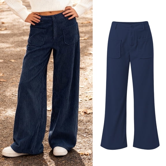 Girls Corduroy Wide Leg Pants Button Front Zipper Straight Pants with Pockets High Waist Trousers for Girls Girls Navy Pants Kids Clothes for Girls 9-10 Years