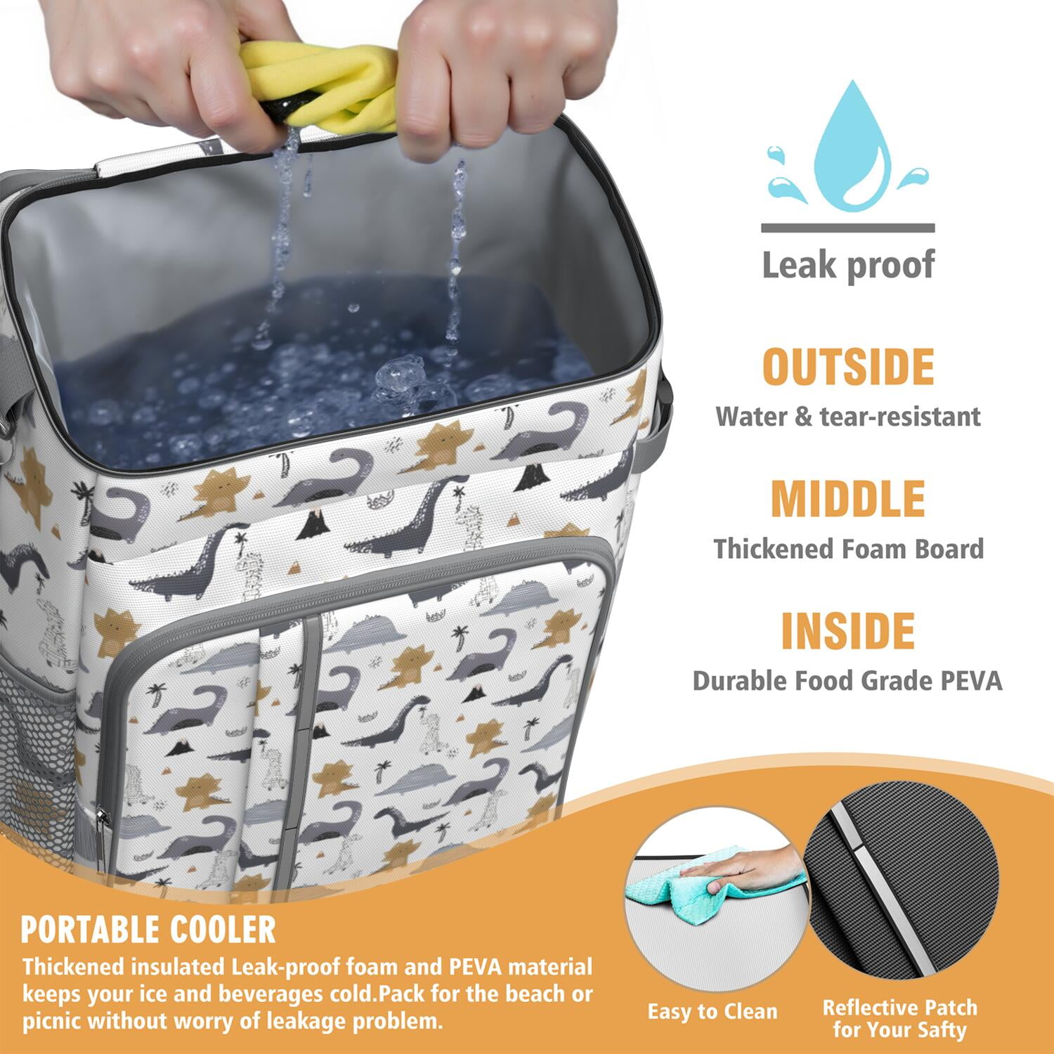 Travel Cooler Bag - Gray Brown Dinosaurs Palms Pattern Camping Beer Cooler Backpack with Bottle Opener- Waterproof Insulated Picnic Backpacks - Cooler Bag for Beach