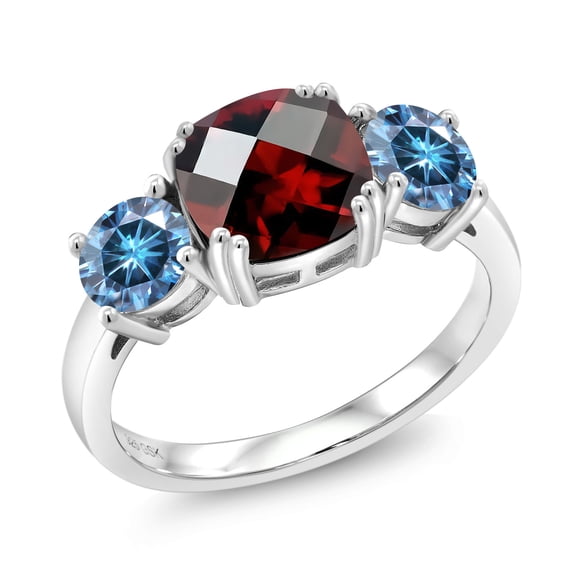 Gem Stone King 925 Sterling Silver Red Garnet and Persian Blue Moissanite 3 Stone Engagement Ring for Women (3.50 Cttw, Gemstone January Birthstone, Cushion Checkerboard 8MM, Size 8)