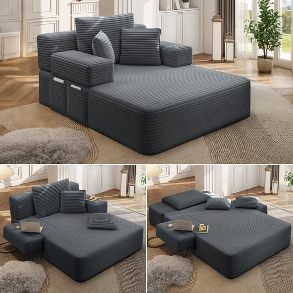 Eyisean 60" Corduroy Chaise Lounge Chair, Oversized Upholstered Sleeper Sofa Bed with Fold Backrest & Armrest, Comfy Deep Seat Couch with Storage Pocket, No Assembly Required for Living Room