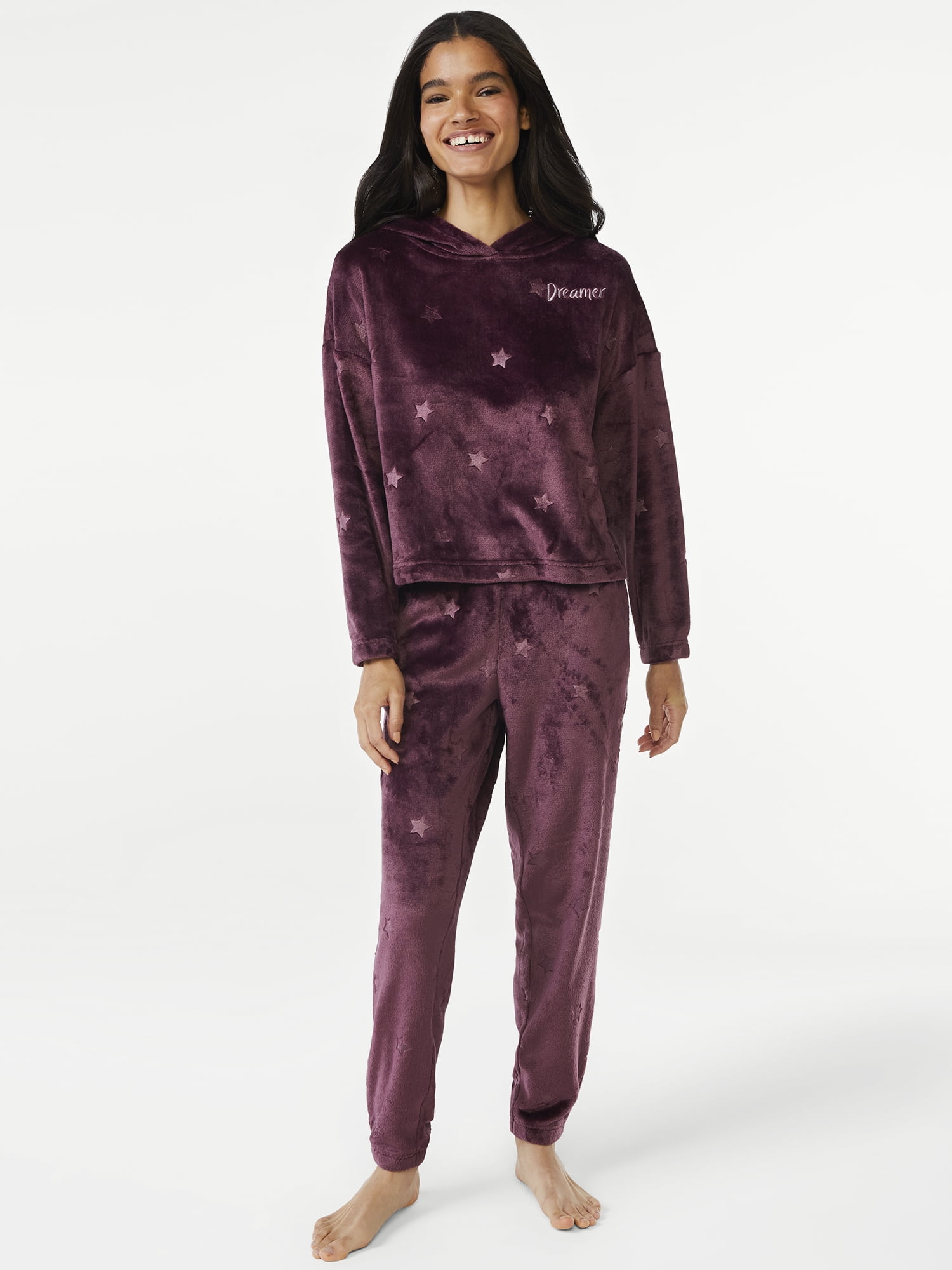 Joyspun Women's Star Print Plush Hoodie and Pants Pajama Set, 2-Piece, Sizes up to 3X