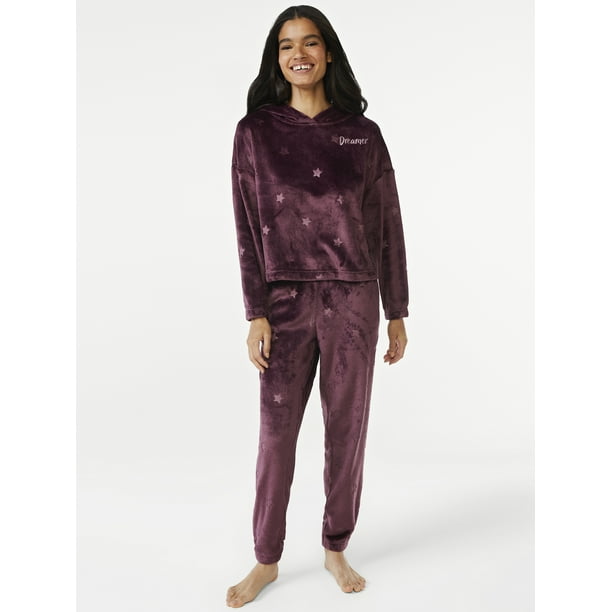 Joyspun Women's Star Print Plush Hoodie and Pants Pajama Set, 2Piece