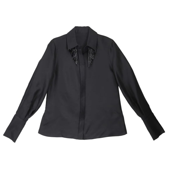 Dice Kayek Women's Black Beaded Fringe Collar Shirt Blouse - 4