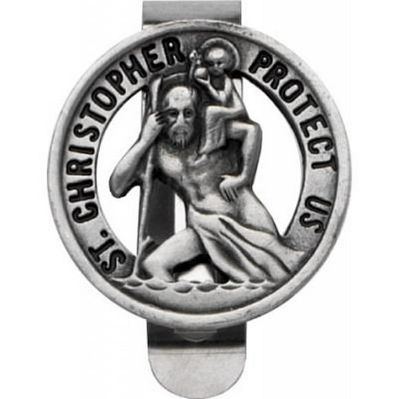 1 7/16 Inch Silver Tone Saint Christopher"Protect Us" Travel Protection Round Auto Visor Clip