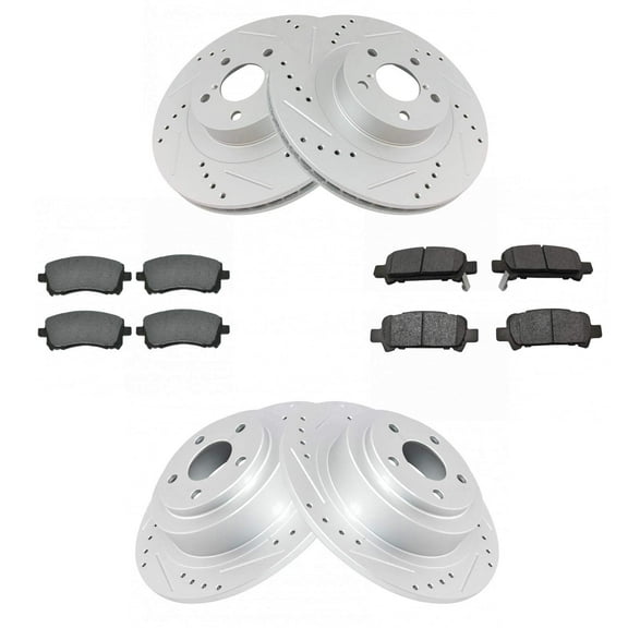 TRQ Front and Rear Performance Brake Pad & Rotor Kit Brake Pads Brake Rotors Set Semi-Metallic Premium G-Coated Fits Select 2001 Subaru Outback