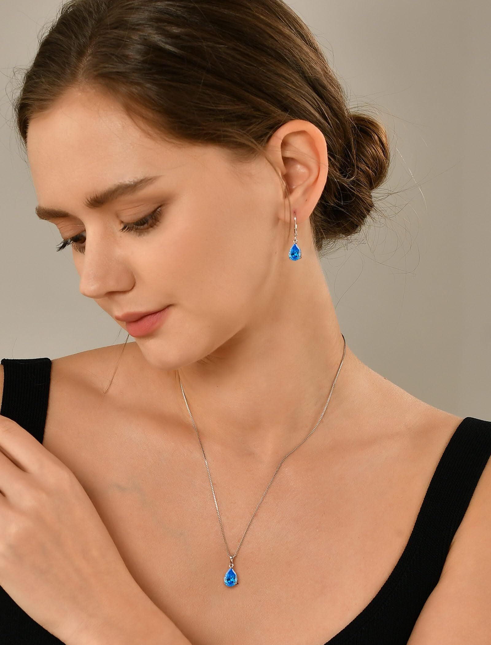 PYNZY Dangle Drop Earrings Sterling Silver Solitaire Leverback Teardrop Earrings for Women Birthstone Created Aquamarine Jewelry Gifts for Moms
