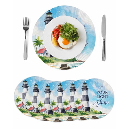 Lighthouse Round 15 Inch Placemats Set of 6 Blue Coastal Nautical Ocean Beach Palm Tree HeatResistant Non Slip Place Mats for Dining Table Wipeable Braided Kitchen Table Mats for Housewarming