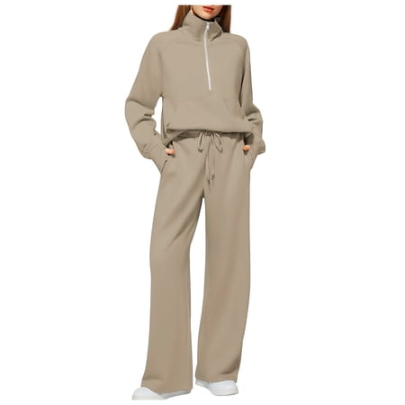 Yindaity Sets For Women 2 Piece Outfits Half Zip Sweatshirt And Wide Leg Sweatpant Sweatsuit (Coffee L)