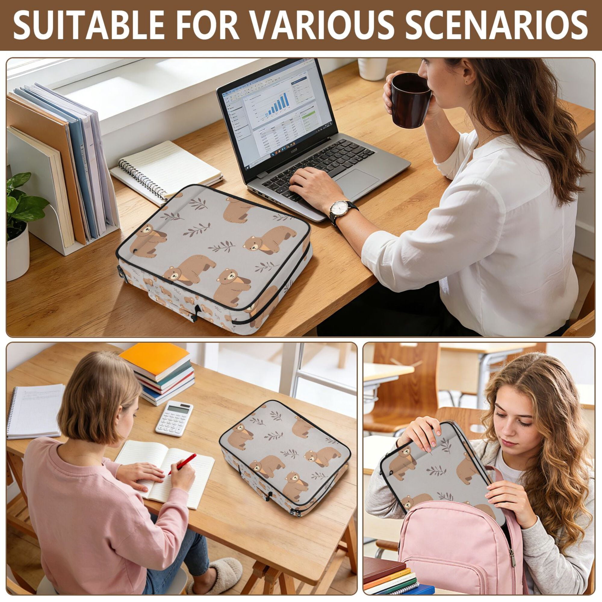 FORMRS Accordion File Folder A4 Size 7-Pocket Expanding Document Organizer Bag with 3 Ring Binder, Cartoon Bear