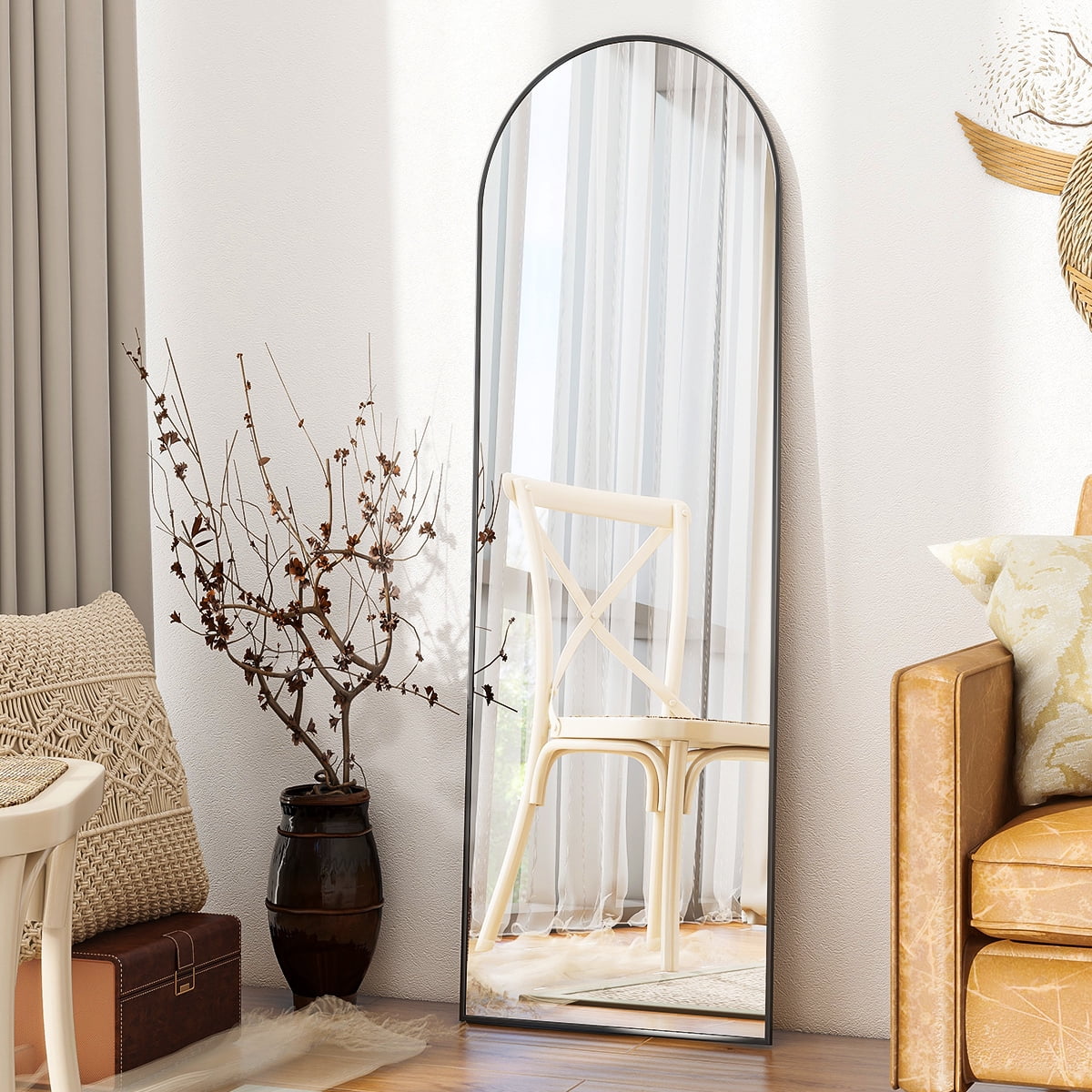 Anyrose 59.1"x16" Arched Full Length Mirror Metal Frame Floor Mirror with Stand, Black