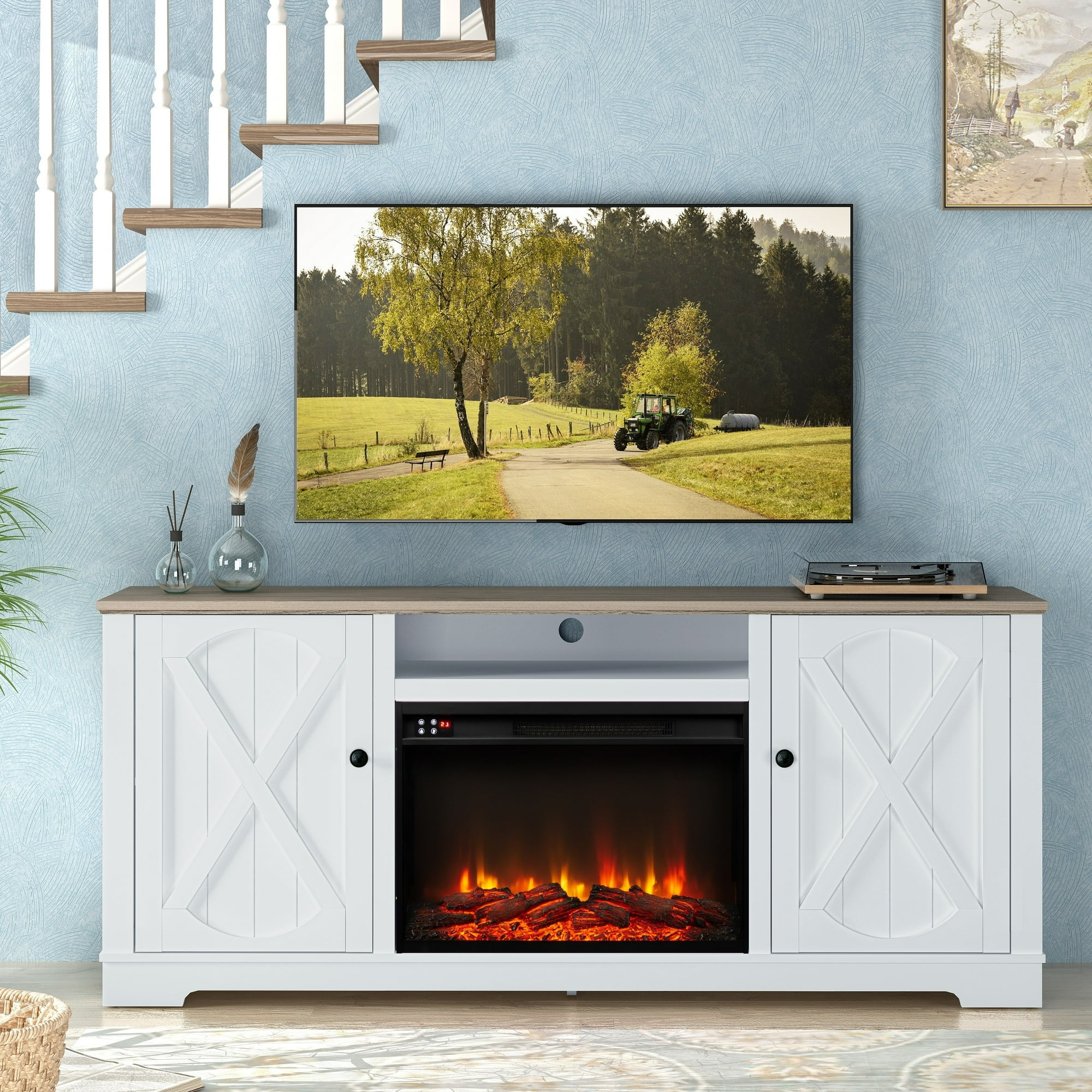 FESTIVO 70" Farmhouse TV Stand with Fireplace, Fits up to 75" TV - 70"W x 30"H x 14.5"D Grayish-white