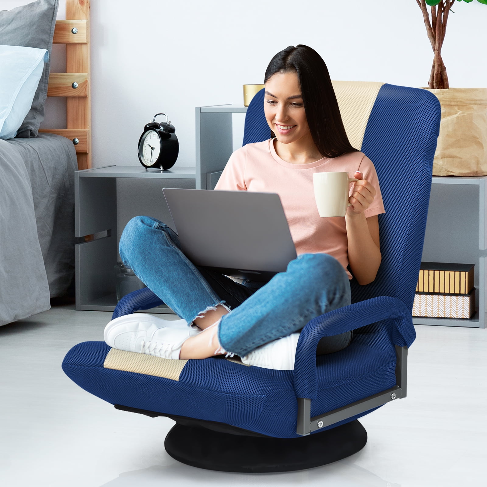 Giantex Reclining Folding Gaming Chair, Video Gaming Rocker w/5-Position Adjustable Backrest & 360 Degree Swivel Round Base, Padded Lazy Sofa Chair
