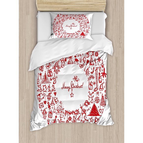Christmas Duvet Cover Set, Vintage Merry Xmas Wreath Several Noel Yule and Ribbons Candles Bells Image, Decorative 3 Pieces Bedding Set with 2 Pillowcases, Red