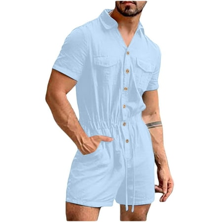 

YANHOO Men s Summer Short Siamese Sets Casual Solid Pocket Turndown Hawaii Button Placket Siamese Suit