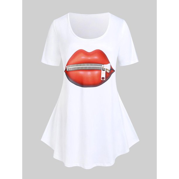 Camiseta Talla Extra Estampado Labios Cremallera 3D Rosegal Camisetas tallas grandes