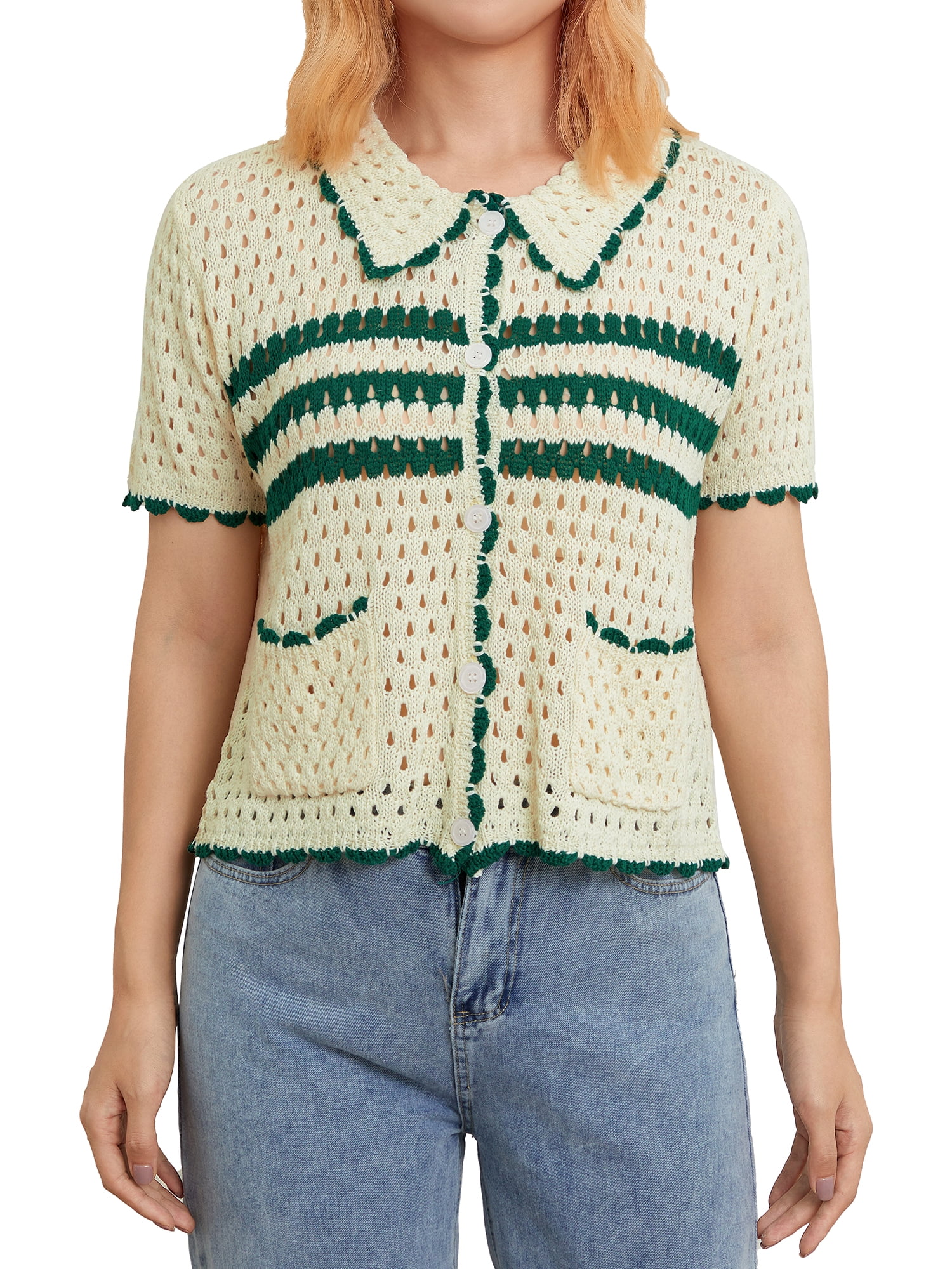 Lamuusaa Women's Short Sleeve Knitted Tops, TurnDown Collar Striped