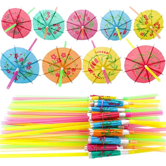 Elainilye 100pcs Umbrella Drink Straws, 9.45 Inch Disposable Paper Straws Assorted Colors, Umbrella Straws for Cocktail, Juice,Great for Summer Beach, Party, Bar, 100 Pcs