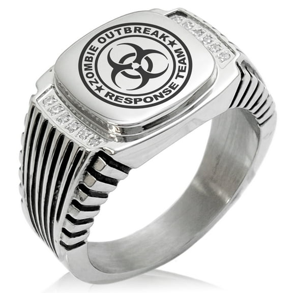 Stainless Steel Zombie Outbreak Response Team CZ Ribbed Needle Stripe Pattern Biker Style Polished Ring