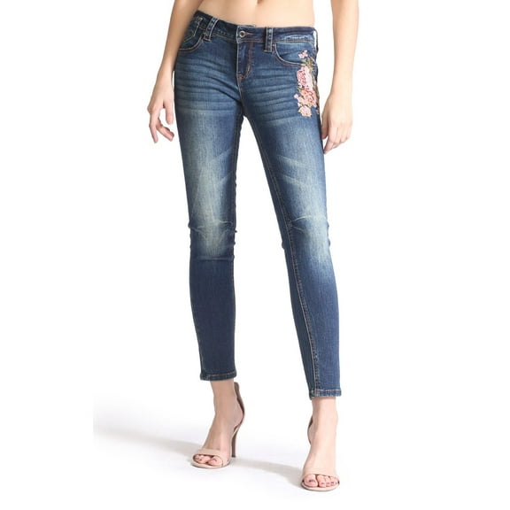 Grace in LA Women's Pink Floral Embroidered Skinny Fit Stretch Jeans (24)