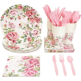 Serves 24 Vintage Floral Rose Tea Party Supplies, 144PCS Plates Napkins Cups, Favors Decorations Disposable Paper Tableware Kit Set for Birthday Wedding Bridal Shower Kids Baby Shower