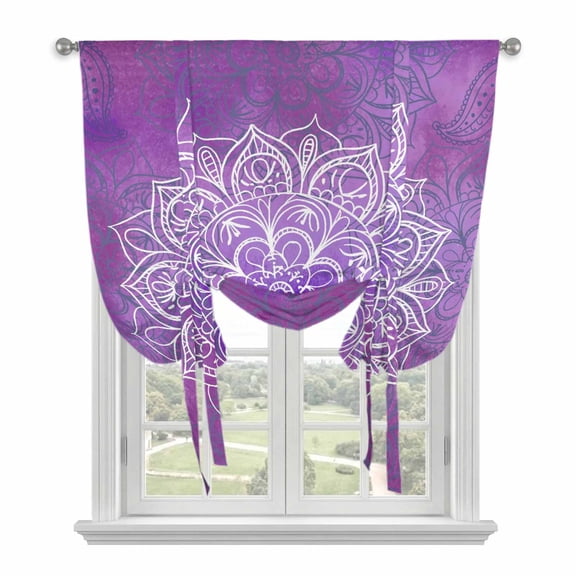 Boho Floral Tie Up Curtains for Windows, Adjustable Balloon Window Shades, Purple Flowers Vintage Bohemian Watercolor Kitchen Window Treatments Farmhouse Short Curtains with Rod Pocket 42"x45"