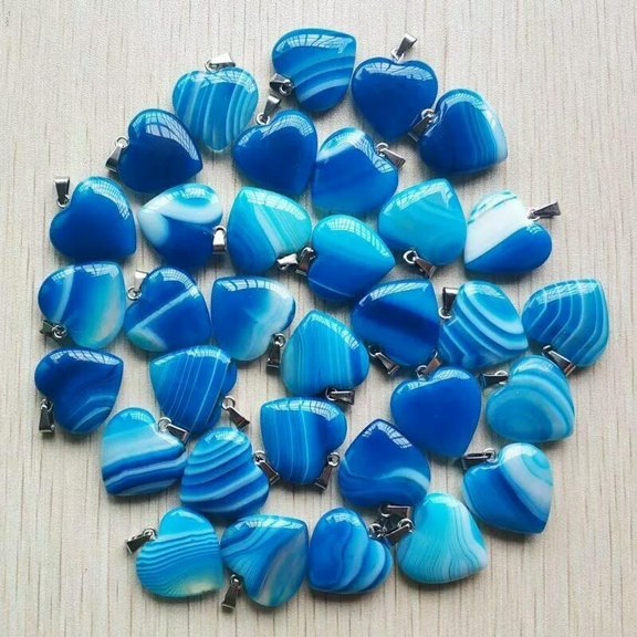 K-KED Wholesale 50pcs Blue Stripe Onyx Heart Shape Pendants for Delicate Jewelry Making 20mm