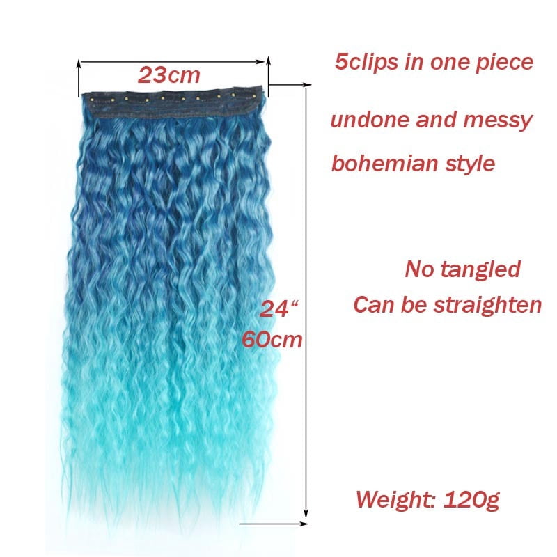 Jeedou Kinky Curly Synthetic Hair Clip in One Piece Hair Extensions for Women Blue Gradual Color Cosplay Props Hairpieces
