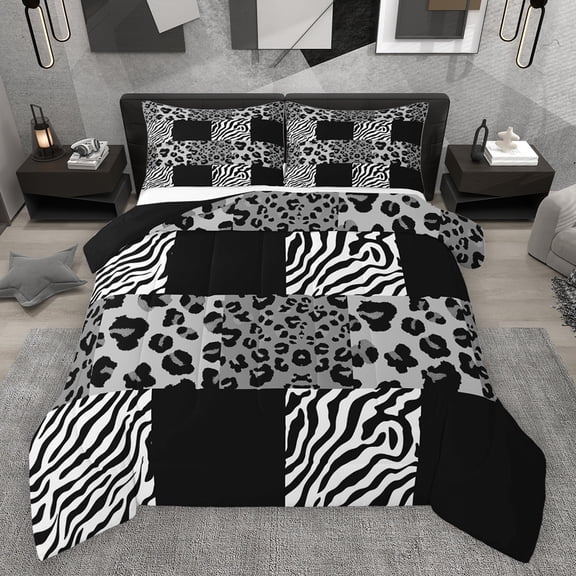 Homewish Leopard Zebra Print Bedding Comforter Set 2pcs for Boys Girls,Geometric Plaid Grid Twin Comforter Sets Microfiber,Abstract Animal Stripes Breathable Bedding Set,Breathable Home Decor